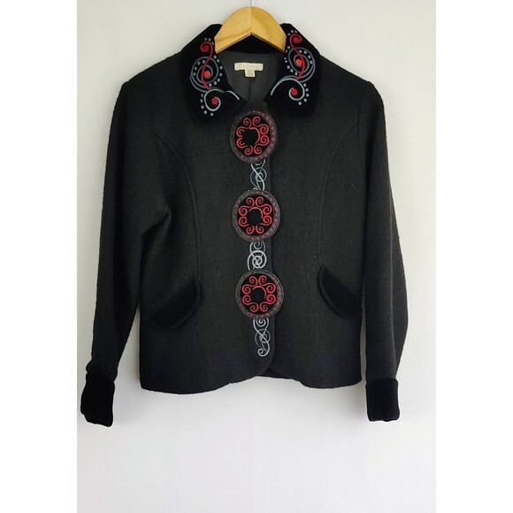 Vtg  Carson Women Black Wool Embroidered Floral Jacket Size S/P Boho Old Money - Picture 1 of 3